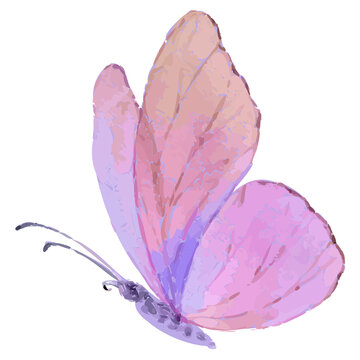 Stylized butterfly is floating in watercolor with pastel wings, long antennae, transparent backdrop