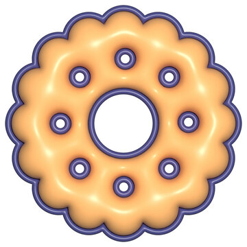 Stylized scalloped ring cookie is being shown on transparent background, 3D glossy with purple trim