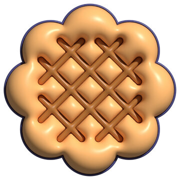 3D-cookie is sitting on transparent bg, scalloped 3x3-lattice, X-ridges, purple-rim, glossy baked