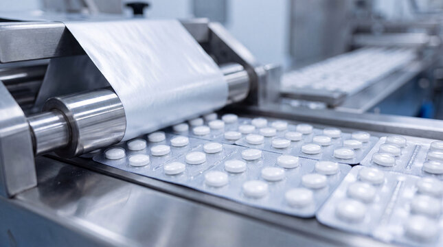 Close-up of pharmaceutical tablets being sealed into blister packs on a production line