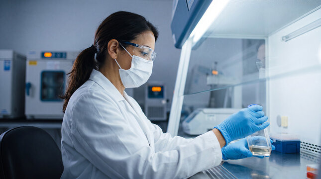 Scientist examining an amber liquid sample inside a biosafety cabinet