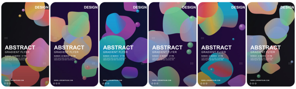 Abstract gradient fluid vertical banners, colorful liquid shape phone wallpapers, set of 6 modern mobile screen background vector templates