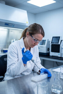 Researcher pipetting samples into small vials at a laboratory workstation