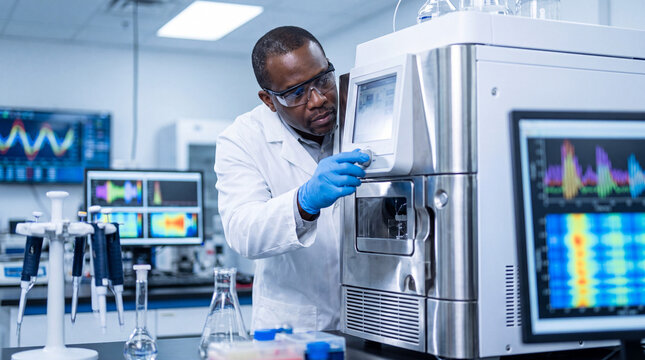 Scientist adjusting an analytical instrument displaying spectral data on monitors