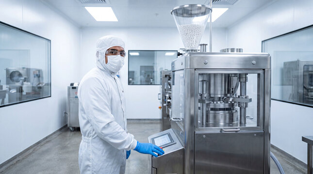 Technician operating a tablet press machine loaded with white pharmaceutical pills
