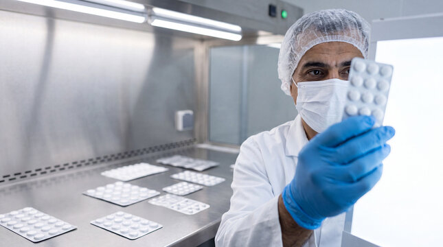 Technician holding a blister pack of tablets for quality inspection