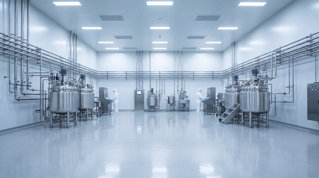 Wide view of a pharmaceutical cleanroom manufacturing floor with steel tanks and technicians