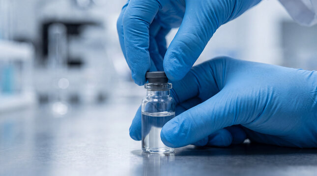 Close-up of a gloved hand picking up a small glass vial with a black cap