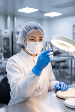 Technician inspecting a vial under a magnifying lamp for quality control
