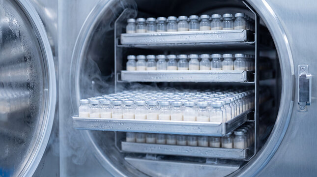 Trays of freeze-dried vials inside an open steam sterilizer