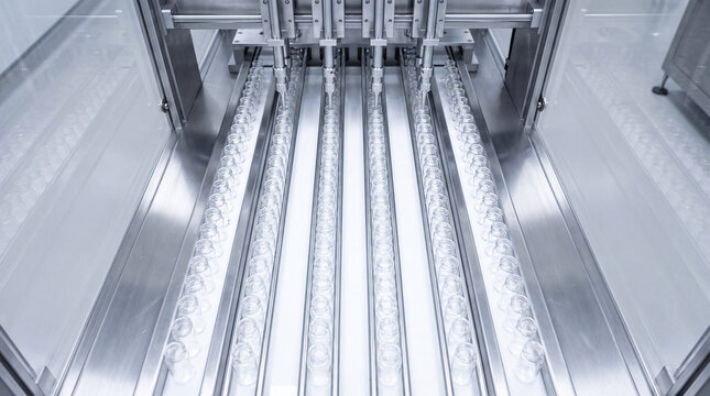 Close-up of empty glass vials being filled with liquid on a pharmaceutical line