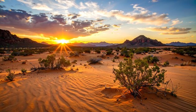 Breathtaking desert sunset scene featuring golden sand dunes, scattered green bushes, and mountain ridge under sky.