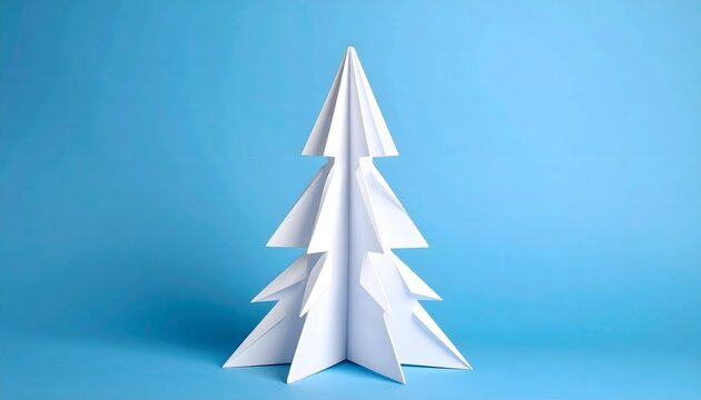 Minimalist white folded paper Christmas tree centered against a solid vibrant blue background for holiday concepts.