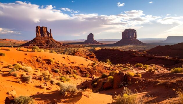 Panoramic view of Monument Valley sandstone cliff formations towering over orange sand dunes under a bright cloudy sky.