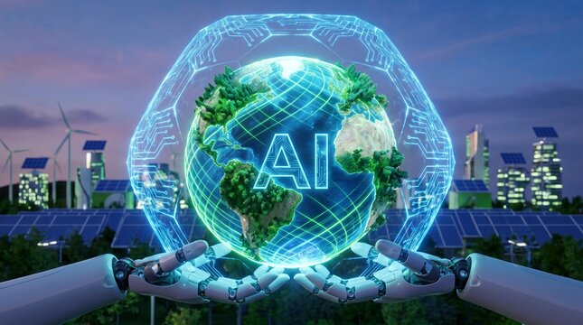 Futuristic robotic hands cradle glowing digital globe merging ai with technology