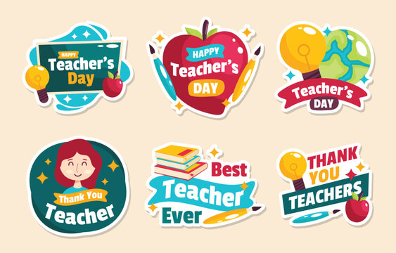 Happy Teacher's Day colorful vector stickers set