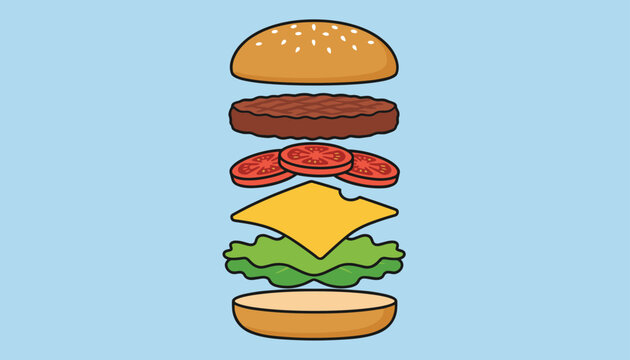 Graphic illustration showing exploded view of hamburger with bun, patty, cheese, lettuce, and tomatoes on blue background.