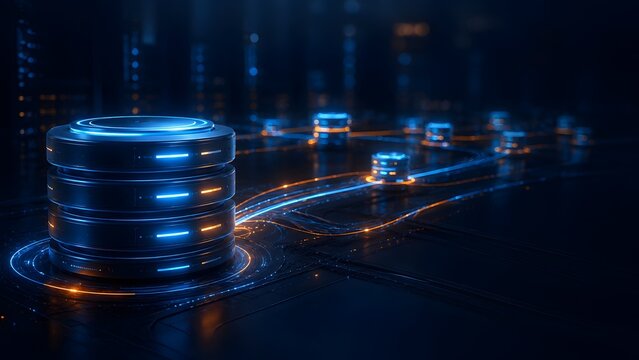 Advanced database server node with fast glowing data streams connecting to smaller server units in a futuristic dark network infrastructure.