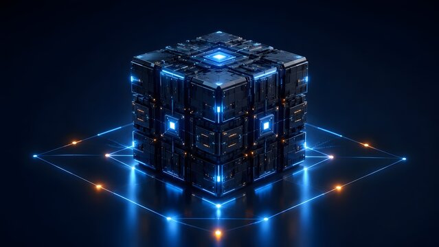 Futuristic dark metallic processor cube with glowing neon circuits on a digital grid representing quantum computing and artificial intelligence