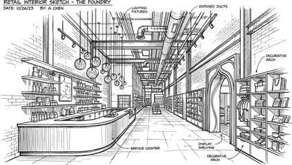 Industrial style commercial boutique retail store interior blueprint sketch showing product display shelves and counter service desk © MdAnarulIslam