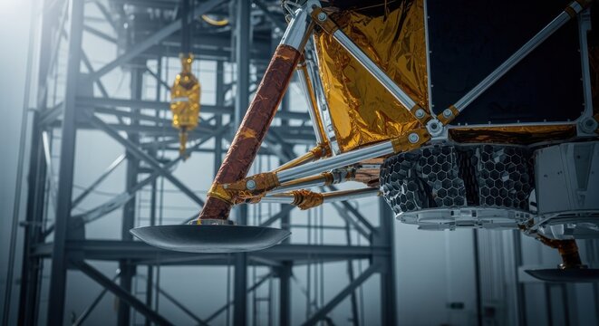 Lunar lander foot assembly mounted on a droptest tower showcasing materials designed for shock resistance in outer space landings.