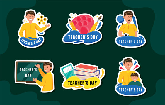 Teacher's Day vector badge set with cheerful student icons