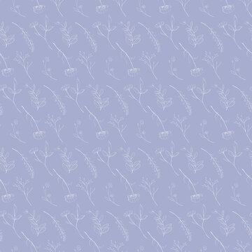 Seamless pattern of white hand drawn line art flowers on a lavender blue background