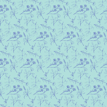Seamless floral pattern with blue hand drawn line art on a light blue background