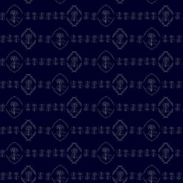 Elegant seamless pattern with white line art flowers and ornaments on a dark navy background