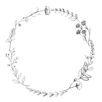 Hand-Drawn Botanical Wreath with Flowers and Leaves