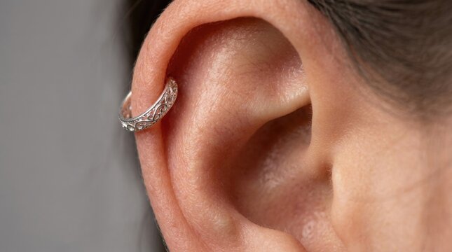 Close-up of a human ear with a sparkling helix piercing featuring small clear gemstones and delicate metal detail
