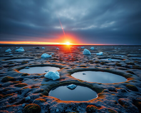 Coucher de soleil spectaculaire se refl&eacute;tant dans des flaques d'eau glac&eacute;e sur un vaste salar plat sous un ciel nuageux dramatique cr&eacute;ant un effet miroir saisissant