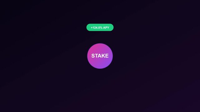 Cryptocurrency stake button with apy yield percentage for decentralized finance and blockchain investment platforms animation 4k