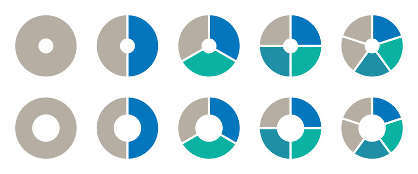 Set of colorful pie charts diagrams. Different color circles. Infographic element round shape. Circle diagram infographic set. Vector illustration.