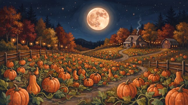 Autumn pumpkin patch landscape field at sunset with full moon, fall harvest countryside scene watercolor illustration