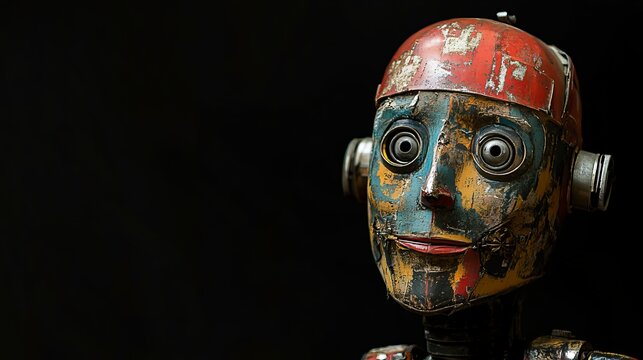 A weathered, vintage robot head with chipped paint and expressive eyes stares directly at the viewer against a stark black background