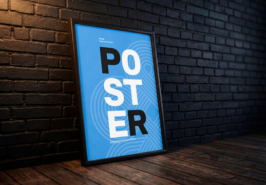 Dark frame mockup on wooden floor with brick wall background