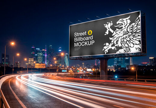 Night highway billboard mockup with city skyline
