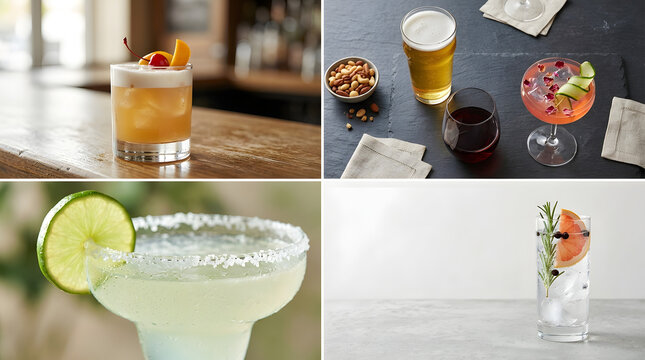 Assorted alcoholic cocktails and beer. Refreshing mixed drinks served at a bar counter.
