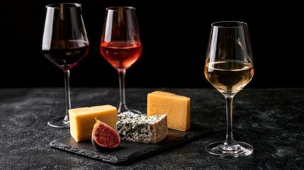 Naklejka premium Trio of wine glasses and cheese selection with fruit on slate