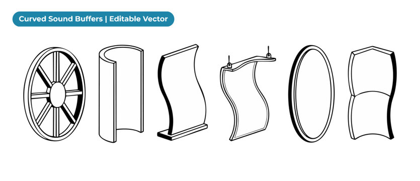 Acoustic sound buffer panel vector set featuring curved soundproofing baffles and noise absorbing diffusers for audio studio acoustic treatment interior design and architectural planning concept