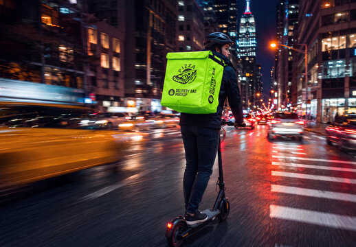 Delivery Backpack on Electric Scooter Mockup