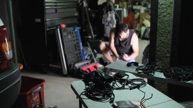Wide view of a man sorting audio cables and preparing sound equipment for an upcoming quinceanera celebration.