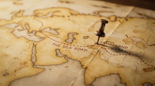 Vintage world map showing the historic Silk Road trade route with a pin marking Samarkand destination