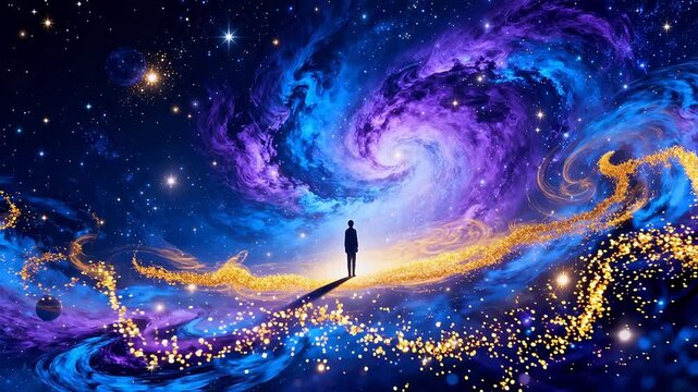 Person standing in cosmic galaxy