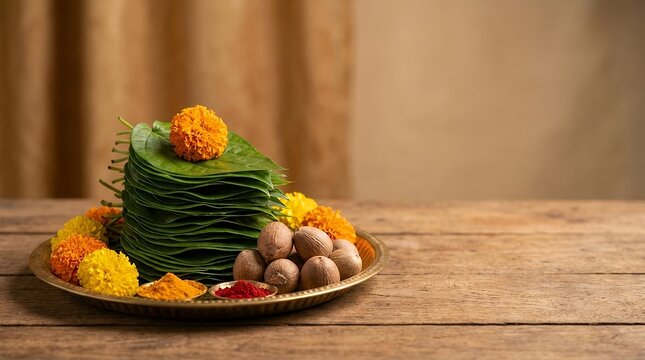A Beautiful and Significant Arrangement of Betel Leaves and Areca Nuts Traditionally Used in Hindu Puja Rituals Particularly for Saraswati Puja or Wedding Ceremonies. This Image with Its Copy Space