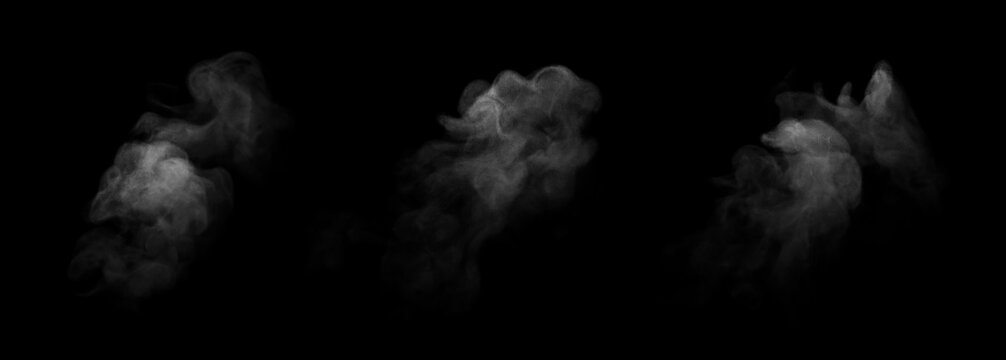 Collection of white steam, smoke, or dust particle bursts isolated on a black background. Concept of hot food vapor, magic smoke, powder explosion, and atmospheric special effect elements.