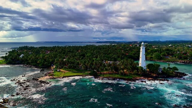 Aerial view of Dondra Head Lighthouse surrounded by lush palm trees and rocky coastline in Sri Lanka.