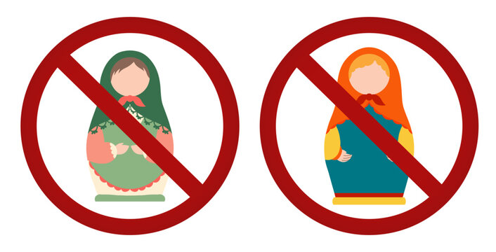 Vector set of matryoshka dolls with prohibition signs. Collection of Slavic souvenirs in forbidden banners.