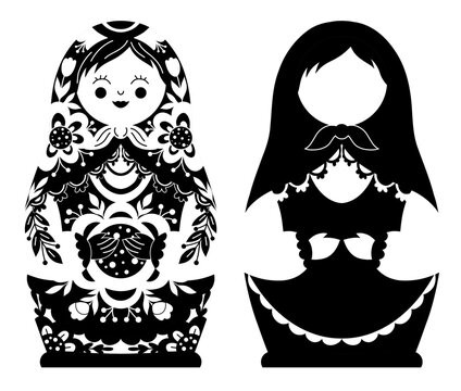 Vector set of black and white matryoshka dolls in folk art style and silhouette. Collection of monochrome decorative Slavic nesting dolls